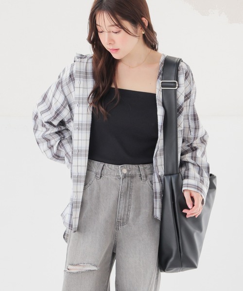 Honeys(ハニーズ)の「フード付チェックシャツ(シャツ/ブラウス・レディース・ネイビー系/ホワイト×ブラック/ホワイト系その他/グリーン系その他・S/M/LL/L)」の16枚目の写真