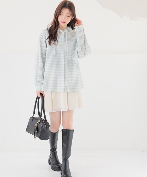 Honeys(ハニーズ)の「フード付チェックシャツ(シャツ/ブラウス・レディース・ネイビー系/ホワイト×ブラック/ホワイト系その他/グリーン系その他・S/M/LL/L)」の17枚目の写真