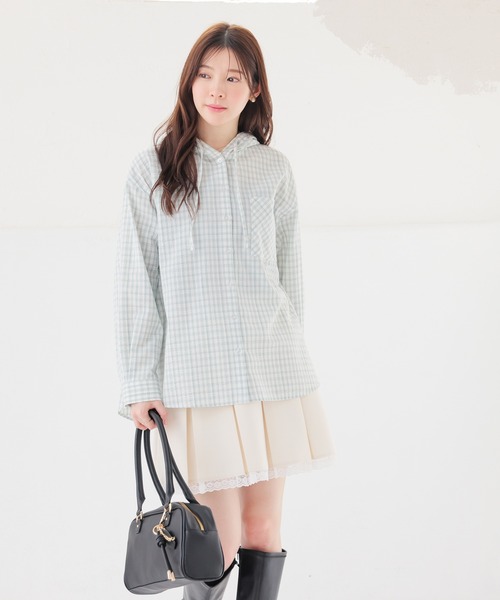 Honeys(ハニーズ)の「フード付チェックシャツ(シャツ/ブラウス・レディース・ネイビー系/ホワイト×ブラック/ホワイト系その他/グリーン系その他・S/M/LL/L)」の19枚目の写真