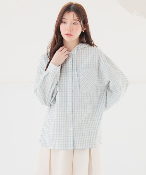 Honeys(ハニーズ)の「フード付チェックシャツ(シャツ/ブラウス・レディース・ネイビー系/ホワイト×ブラック/ホワイト系その他/グリーン系その他・S/M/LL/L)」の22枚目の写真