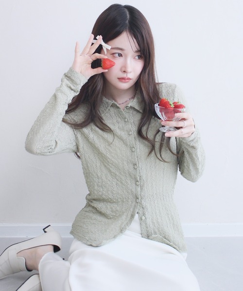 セール】シアーレースポロカーディガン 春服 アイボリー グリーン 襟