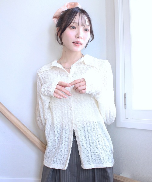Reurie'（レウリィ）の「シアーレースポロカーディガン / 春服 アイボリー グリーン 襟 カジュアル（カーディガン/ボレロ・レディース・アイボリー/グリーン・FREE）」の20枚目の写真