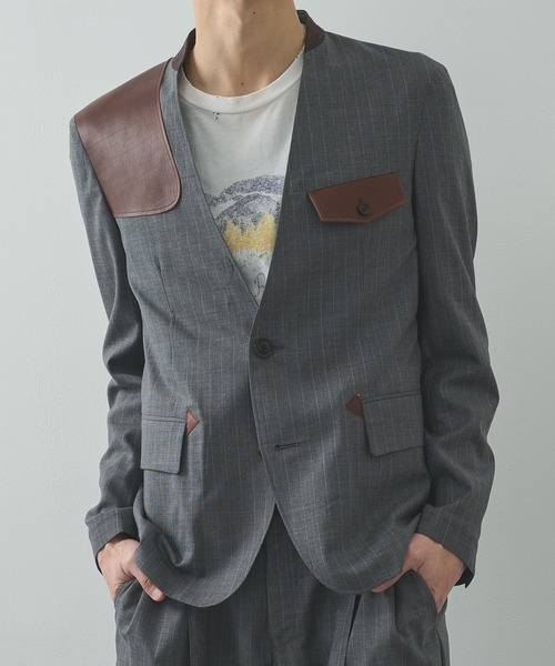 KHOKI/コッキ】Leather-Patch No-Collar Jacket（テーラードジャケット