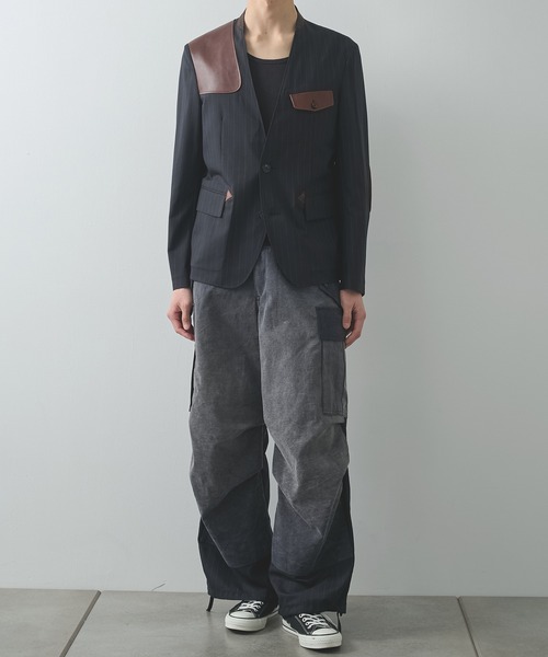 KHOKI(コッキ)の「【KHOKI/コッキ】Leather-Patch No-Collar Jacket(テーラードジャケット・メンズ・グレー/ブラック・3/2)」の7枚目の写真