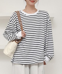 【ゆったりオーバーサイズ】長袖ボーダー柄 ドロップショルダー ロングTシャツ/カットソー レディース
