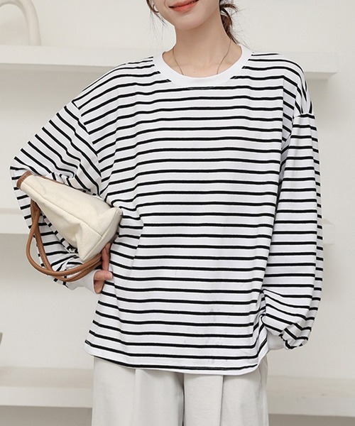 DAY CLOSET(デイ クローゼット)の「【ゆったりオーバーサイズ】長袖ボーダー柄 ドロップショルダー ロングTシャツ/カットソー レディース(Tシャツ/カットソー・レディース・ホワイト×ブラック・M/L)」の3枚目の写真