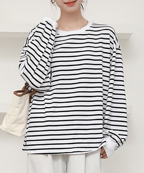 DAY CLOSET(デイ クローゼット)の「【ゆったりオーバーサイズ】長袖ボーダー柄 ドロップショルダー ロングTシャツ/カットソー レディース(Tシャツ/カットソー・レディース・ホワイト×ブラック・M/L)」の4枚目の写真