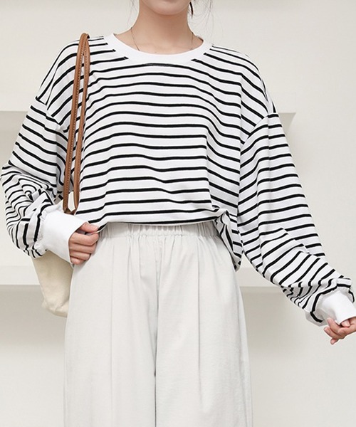 DAY CLOSET(デイ クローゼット)の「【ゆったりオーバーサイズ】長袖ボーダー柄 ドロップショルダー ロングTシャツ/カットソー レディース(Tシャツ/カットソー・レディース・ホワイト×ブラック・M/L)」の10枚目の写真
