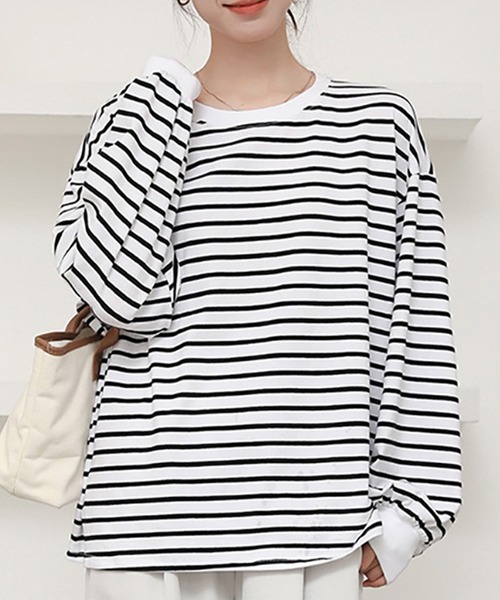 DAY CLOSET(デイ クローゼット)の「【ゆったりオーバーサイズ】長袖ボーダー柄 ドロップショルダー ロングTシャツ/カットソー レディース(Tシャツ/カットソー・レディース・ホワイト×ブラック・M/L)」の11枚目の写真