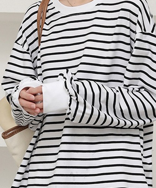 DAY CLOSET(デイ クローゼット)の「【ゆったりオーバーサイズ】長袖ボーダー柄 ドロップショルダー ロングTシャツ/カットソー レディース(Tシャツ/カットソー・レディース・ホワイト×ブラック・M/L)」の12枚目の写真