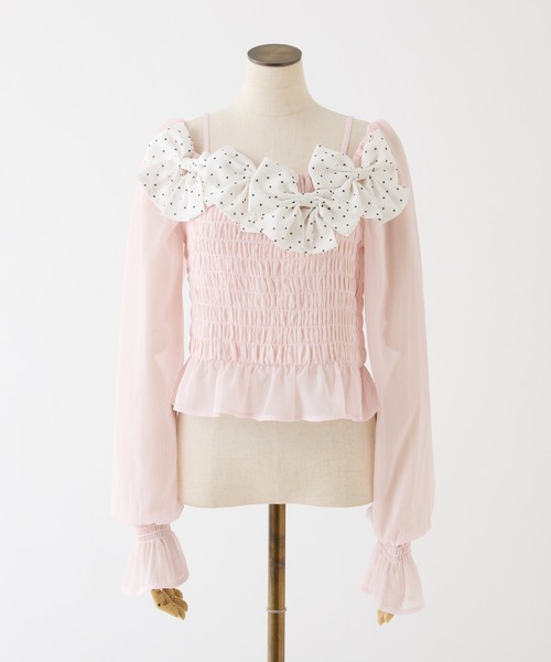 one after another NICE CLAUP（ワンアフターアナザーナイスクラップ）の「シャーリングリボンブラウス（シャツ/ブラウス・レディース・ドット/ピンク/ブラック/サックスブルー・FREE）」の6枚目の写真