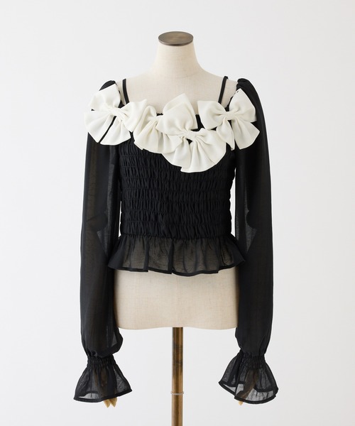 one after another NICE CLAUP（ワンアフターアナザーナイスクラップ）の「シャーリングリボンブラウス（シャツ/ブラウス・レディース・ドット/ピンク/ブラック/サックスブルー・FREE）」の7枚目の写真