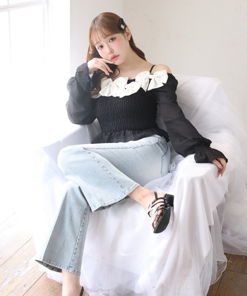 one after another NICE CLAUP（ワンアフターアナザーナイスクラップ）の「シャーリングリボンブラウス（シャツ/ブラウス・レディース・ドット/ピンク/ブラック/サックスブルー・FREE）」の18枚目の写真