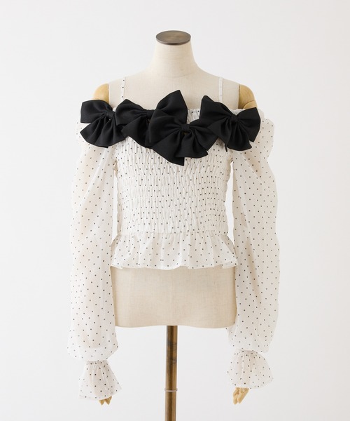 one after another NICE CLAUP（ワンアフターアナザーナイスクラップ）の「シャーリングリボンブラウス（シャツ/ブラウス・レディース・ドット/ピンク/ブラック/サックスブルー・FREE）」の19枚目の写真