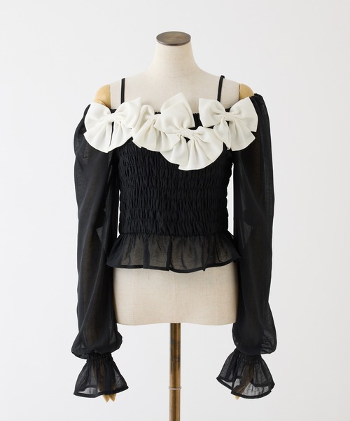 one after another NICE CLAUP（ワンアフターアナザーナイスクラップ）の「シャーリングリボンブラウス（シャツ/ブラウス・レディース・ドット/ピンク/ブラック/サックスブルー・FREE）」の20枚目の写真