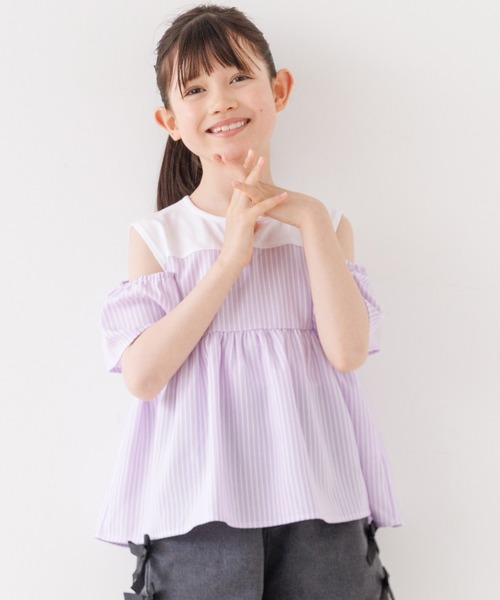 coca(coca)(コカ)の「キッズ ストライプドッキング肩あきブラウス(シャツ/ブラウス・キッズ・ライトブルー/パープル・120/130/140/150)」の2枚目の写真