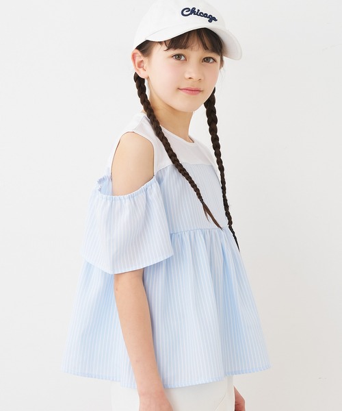 coca(coca)(コカ)の「キッズ ストライプドッキング肩あきブラウス(シャツ/ブラウス・キッズ・ライトブルー/パープル・120/130/140/150)」の1枚目の写真