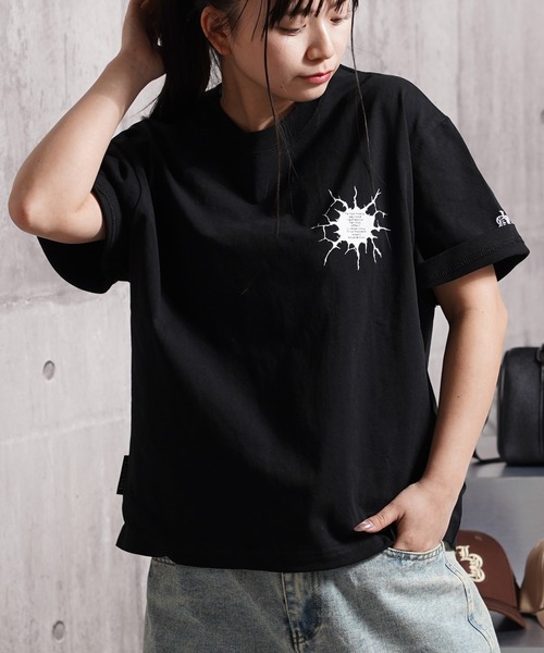 Laufer(ロイファー)の「【Laufer】Bullet hole Tee / バレットホール クロップド ボックスシルエット Tシャツ / 短丈 ヘビーウェイト 刺繍 Tシャツ(Tシャツ/カットソー・メンズ・ホワイト/ブラック・XL/L/M/S)」の1枚目の写真