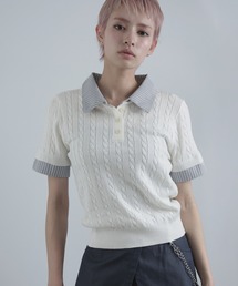 シャツレイヤード半袖ケーブルニット