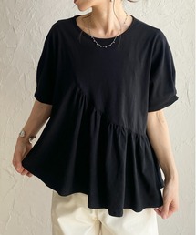 アシンメトリー 切り替え ギャザーフリル 半袖パフスリーブティアードTシャツ