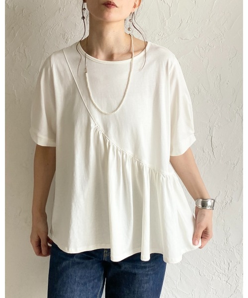 She's Closet（シーズクローゼット）の「アシンメトリー 切り替え ギャザーフリル 半袖パフスリーブティアードTシャツ（Tシャツ/カットソー・レディース・ホワイト/ブラック・FREE）」の20枚目の写真