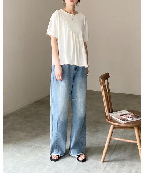 She's Closet（シーズクローゼット）の「アシンメトリー 切り替え ギャザーフリル 半袖パフスリーブティアードTシャツ（Tシャツ/カットソー・レディース・ホワイト/ブラック・FREE）」の5枚目の写真