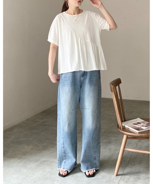 She's Closet（シーズクローゼット）の「アシンメトリー 切り替え ギャザーフリル 半袖パフスリーブティアードTシャツ（Tシャツ/カットソー・レディース・ホワイト/ブラック・FREE）」の8枚目の写真