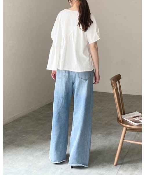 She's Closet（シーズクローゼット）の「アシンメトリー 切り替え ギャザーフリル 半袖パフスリーブティアードTシャツ（Tシャツ/カットソー・レディース・ホワイト/ブラック・FREE）」の9枚目の写真