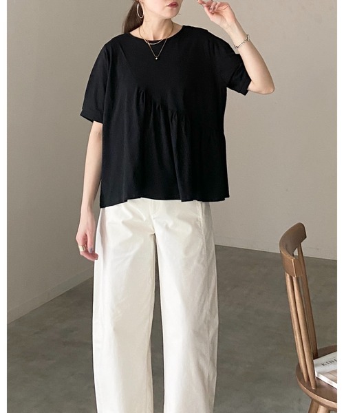 She's Closet（シーズクローゼット）の「アシンメトリー 切り替え ギャザーフリル 半袖パフスリーブティアードTシャツ（Tシャツ/カットソー・レディース・ホワイト/ブラック・FREE）」の11枚目の写真