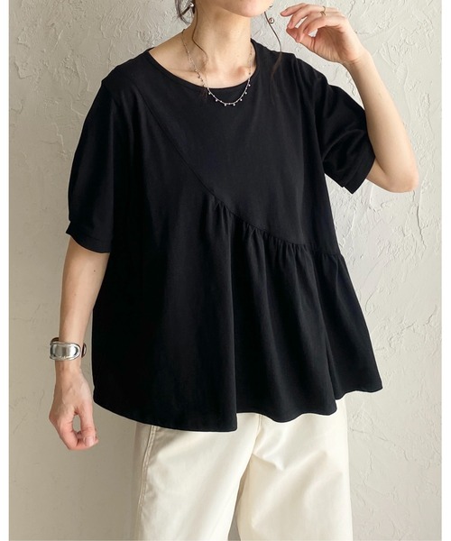 She's Closet（シーズクローゼット）の「アシンメトリー 切り替え ギャザーフリル 半袖パフスリーブティアードTシャツ（Tシャツ/カットソー・レディース・ホワイト/ブラック・FREE）」の13枚目の写真