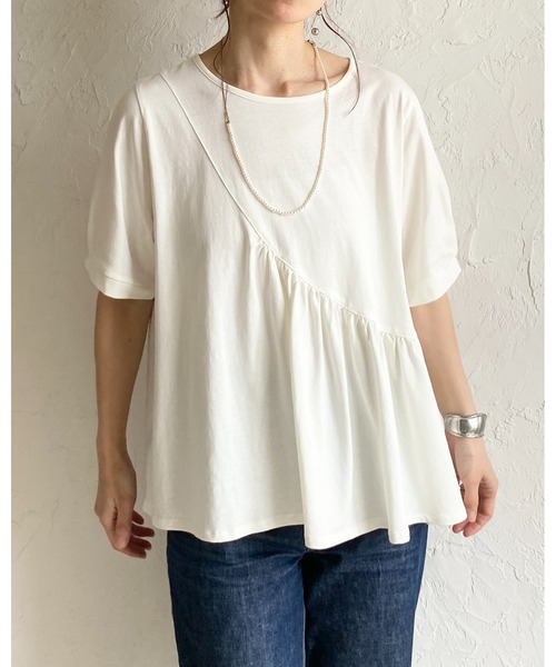 She's Closet（シーズクローゼット）の「アシンメトリー 切り替え ギャザーフリル 半袖パフスリーブティアードTシャツ（Tシャツ/カットソー・レディース・ホワイト/ブラック・FREE）」の14枚目の写真