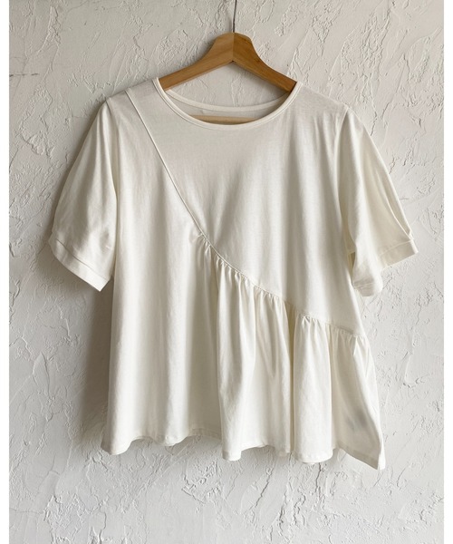 She's Closet（シーズクローゼット）の「アシンメトリー 切り替え ギャザーフリル 半袖パフスリーブティアードTシャツ（Tシャツ/カットソー・レディース・ホワイト/ブラック・FREE）」の16枚目の写真