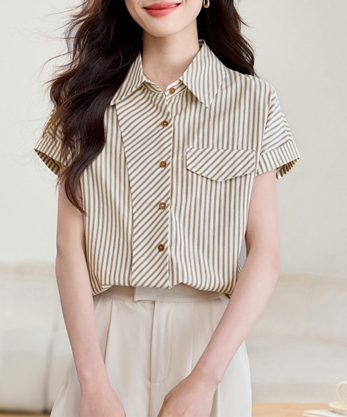 ONEP STAR(ワンピスター)の「ポケット風デザインストライプシャツ(シャツ/ブラウス・レディース・ベージュ・X-LARGE/LARGE/MEDIUM)」の12枚目の写真