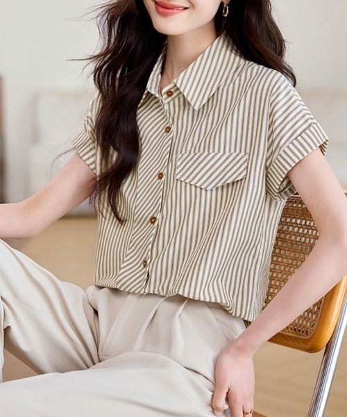 ONEP STAR(ワンピスター)の「ポケット風デザインストライプシャツ(シャツ/ブラウス・レディース・ベージュ・X-LARGE/LARGE/MEDIUM)」の7枚目の写真