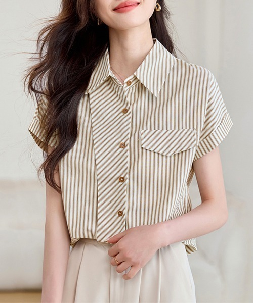ONEP STAR(ワンピスター)の「ポケット風デザインストライプシャツ(シャツ/ブラウス・レディース・ベージュ・X-LARGE/LARGE/MEDIUM)」の8枚目の写真