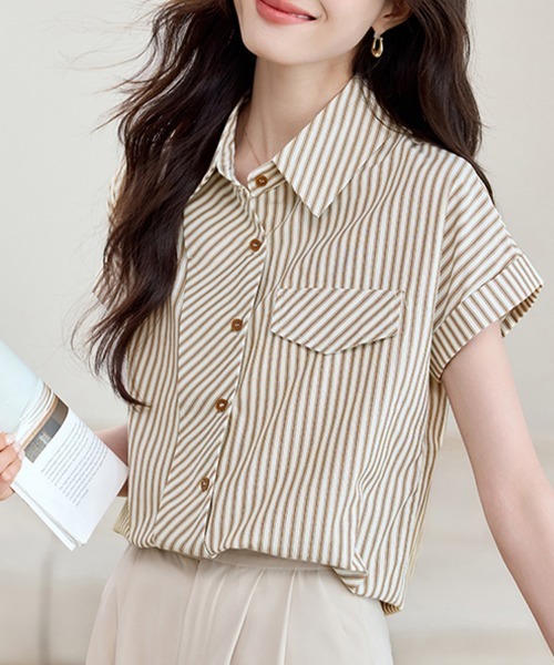 ONEP STAR(ワンピスター)の「ポケット風デザインストライプシャツ(シャツ/ブラウス・レディース・ベージュ・X-LARGE/LARGE/MEDIUM)」の10枚目の写真