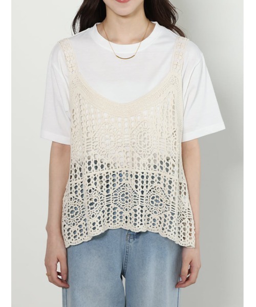 fifth(フィフス)の「【2点セット】Tシャツ×かぎ針ビスチェ(Tシャツ/カットソー・レディース・アイボリー・M)」の9枚目の写真