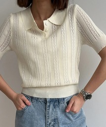 透かし編み半袖ポロニット