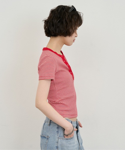 NUJOH(ヌゾ)の「Snap Henley Border Tee / スナップヘンリーボーダーT(Tシャツ/カットソー・レディース・ネイビー/レッド・FREE)」の22枚目の写真