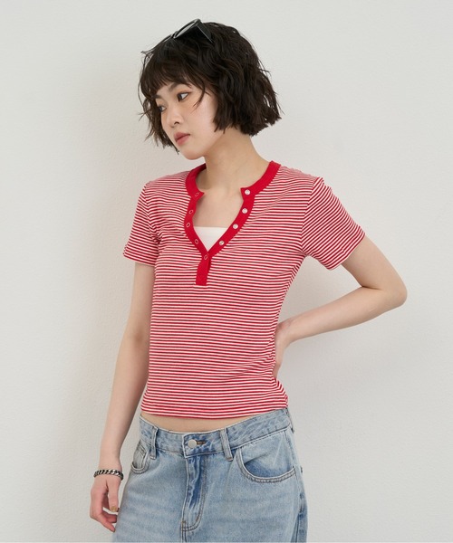 NUJOH(ヌゾ)の「Snap Henley Border Tee / スナップヘンリーボーダーT(Tシャツ/カットソー・レディース・ネイビー/レッド・FREE)」の21枚目の写真