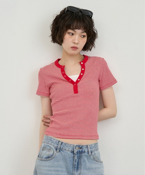 NUJOH(ヌゾ)の「Snap Henley Border Tee / スナップヘンリーボーダーT(Tシャツ/カットソー・レディース・ネイビー/レッド・FREE)」の20枚目の写真