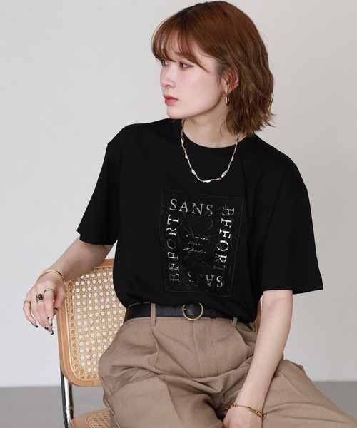 FUNALIVE(ファンアライブ)の「オーバーチュール箔プリントT 半袖(Tシャツ/カットソー・レディース・ホワイト/ブラック・FREE)」の3枚目の写真