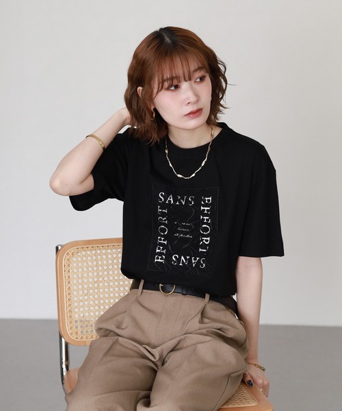 FUNALIVE(ファンアライブ)の「オーバーチュール箔プリントT 半袖(Tシャツ/カットソー・レディース・ホワイト/ブラック・FREE)」の5枚目の写真