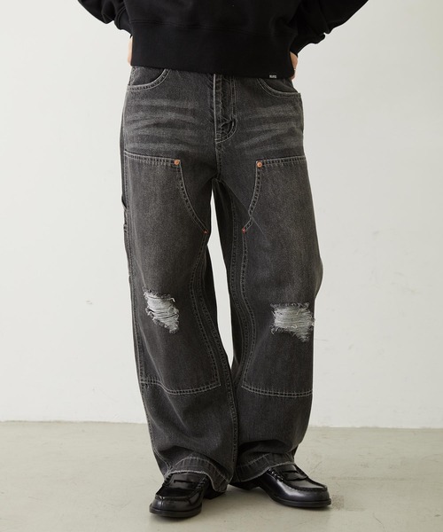 MILKFED.（ミルクフェド）の「DOUBLE KNEE DISTRESSED DENIM PANTS（デニムパンツ・レディース・ブラック/ライトブルー・S/M）」の2枚目の写真