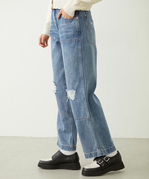 MILKFED.（ミルクフェド）の「DOUBLE KNEE DISTRESSED DENIM PANTS（デニムパンツ・レディース・ブラック/ライトブルー・S/M）」の5枚目の写真