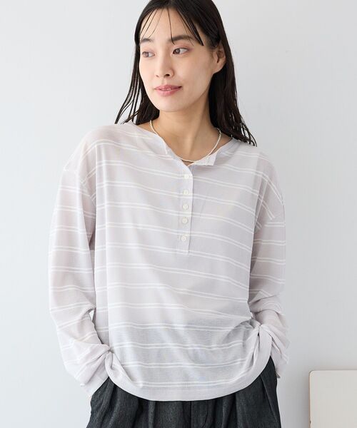 CRAFT STANDARD BOUTIQUE(クラフトスタンダードブティック)の「シアーボーダーヘンリーネックロンT(Tシャツ/カットソー・レディース・ライトイエロー/ブラウン/ライトグレー・FREE)」の1枚目の写真