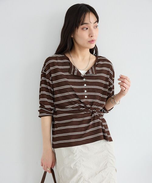 CRAFT STANDARD BOUTIQUE(クラフトスタンダードブティック)の「シアーボーダーヘンリーネックロンT(Tシャツ/カットソー・レディース・ライトイエロー/ブラウン/ライトグレー・FREE)」の11枚目の写真