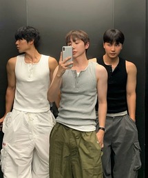 【NOWLE】タイトフィット ヘンリーネック リブ タンクトップ / ストレッチフィット ノースリーブ インナー