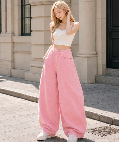 CANVAS+(キャンバスプラス)の「【CANVAS+】ハートフラップポケットワイドパンツ(デニムパンツ・レディース・ピンク・S/M/L)」の12枚目の写真
