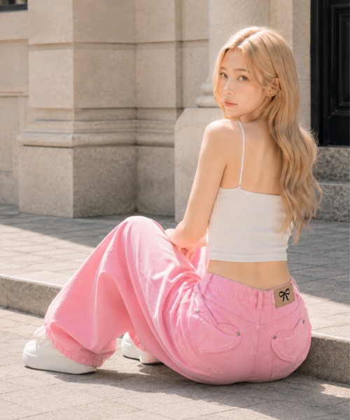 CANVAS+(キャンバスプラス)の「【CANVAS+】ハートフラップポケットワイドパンツ(デニムパンツ・レディース・ピンク・S/M/L)」の3枚目の写真